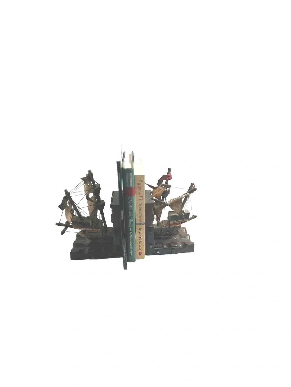 Vintage Wooden Ship Model Bookends with Detailed Sails